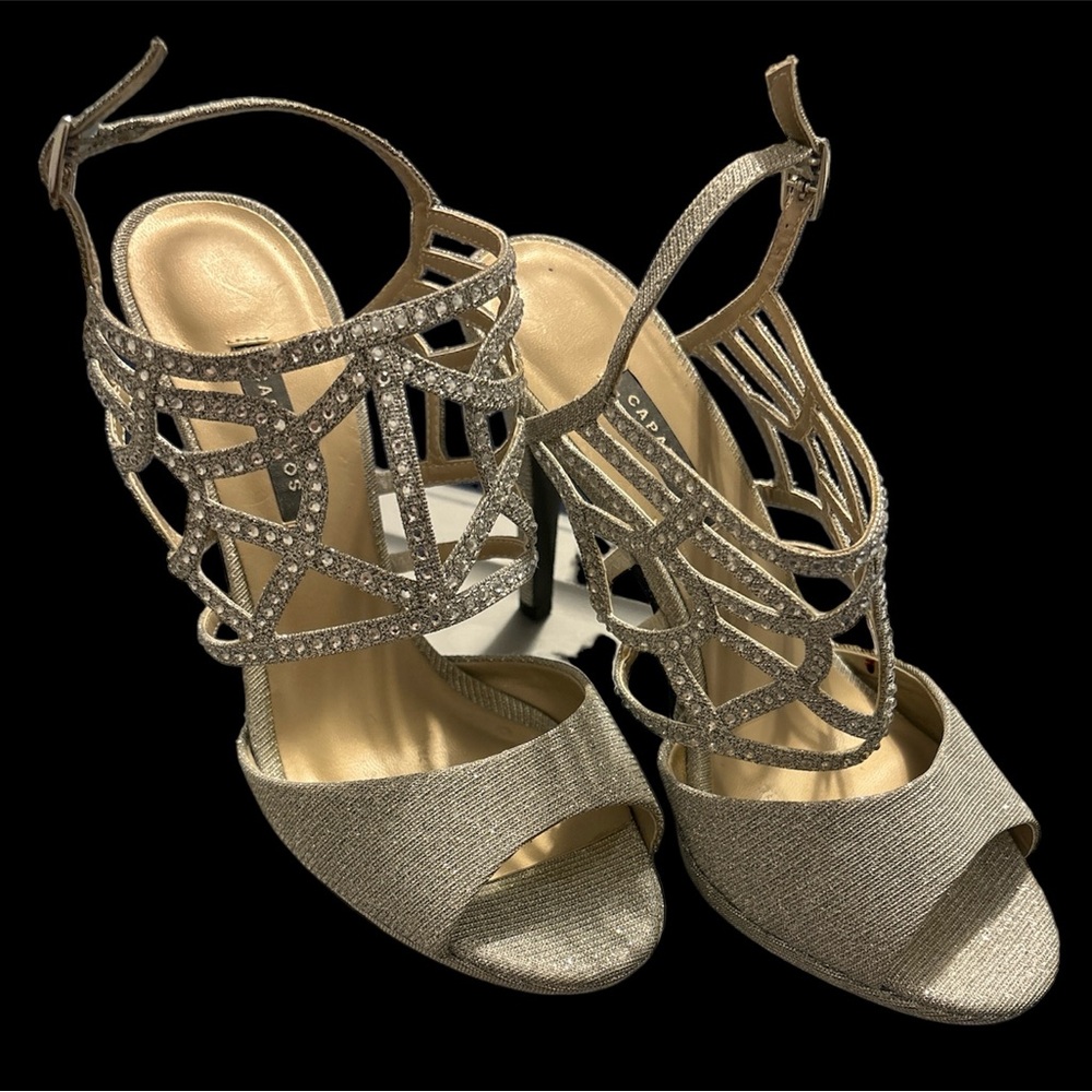 Silver Dress Sandal Heels with Rhinestones